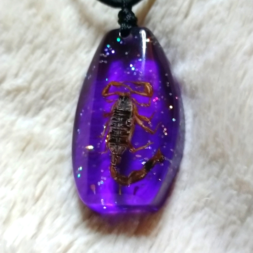 Real brown scorpion in clear lucite with sparkles and purple bottom✨